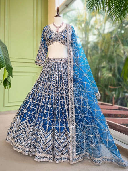 Kaira Blue Mirror Work Silk Lehenga