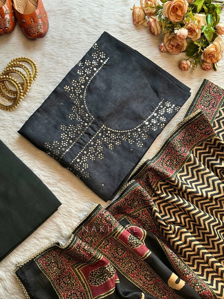 Aarunya Black Dress Material Set with Mirror Work & Printed Dupatta