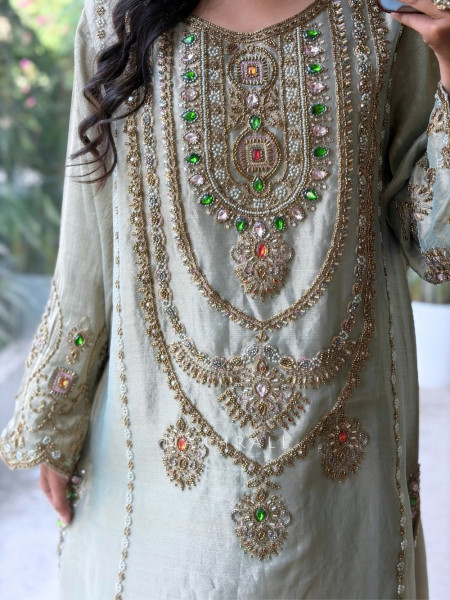 Firdaus Jewel-Neck Sea Green Suit Set