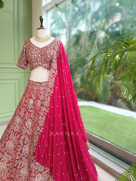 Pushkara Magenta Raw Silk  Bridal Lehenga