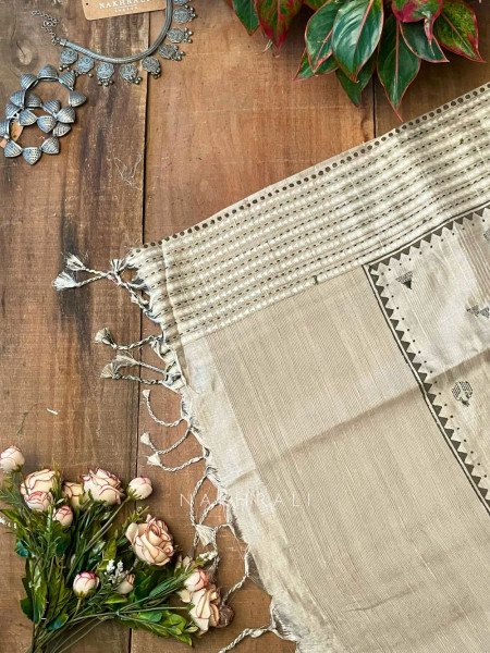 Vadi Green Raw Silk Saree with Embroidery & Block Print