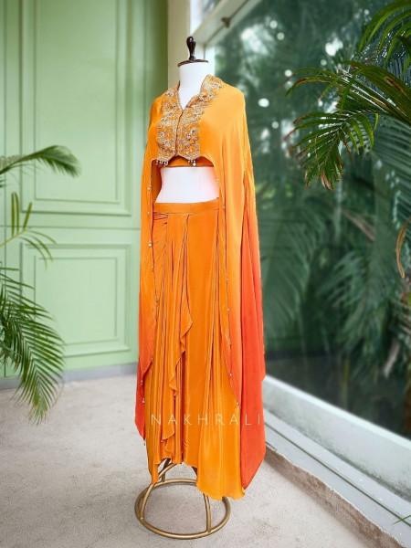 Radiant Orange Crop Top Skirt Set with Cape