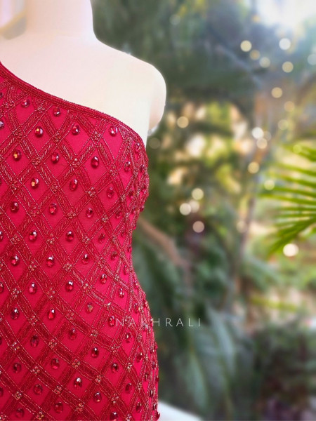 Scarlet Mirage Red Prom Gown with Sequin, Cut Dana & Stone Work