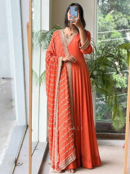 Meera Burnt Orange Premium Faux Georgette Anarkali Suit Set