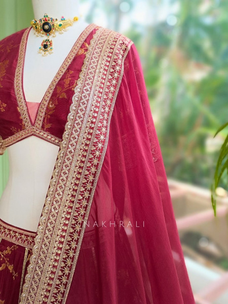 Orvian Maroon Lehenga Set with Floral Weave Sequin Border Work