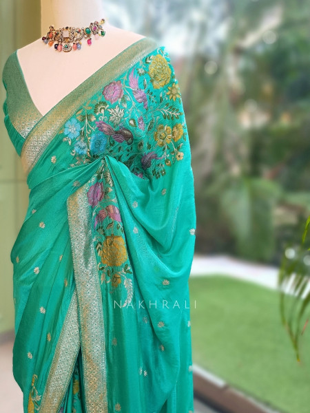 Gul-e-Rangat Rama Green Viscose Georgette Saree With Kashmiri Aari Floral Embroidery