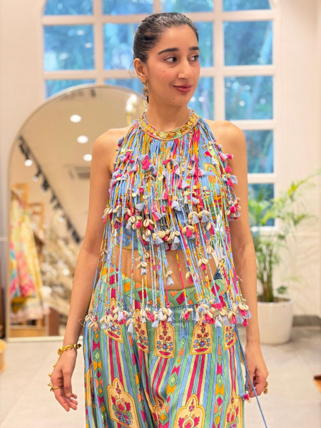 Marina Blue Muslin Silk Crop Top Skirt Set With Cowrie Shell & Tassel Fringe Work