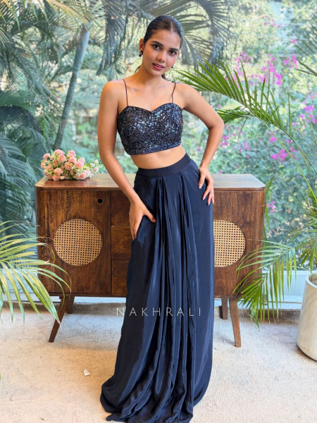 Noorvira Blue Embellished Crop Top Skirt Set with Jacket