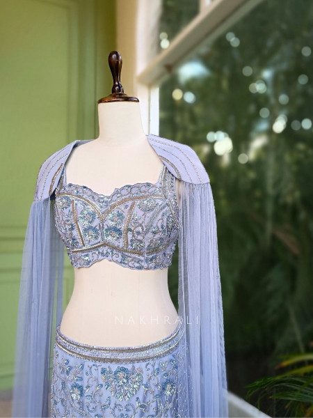 Elysia Grey Embroidered Crop Top Skirt Set with Cape