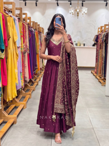 Fiza Wine Butti Anarkali with Heritage Border