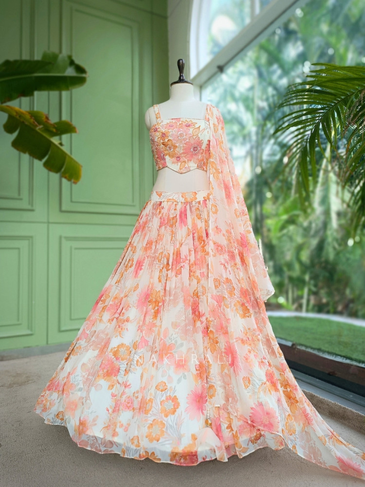 Image of Noor-e-Basant Cream Georgette Lehenga Set With Floral Print &amp; Embroidered