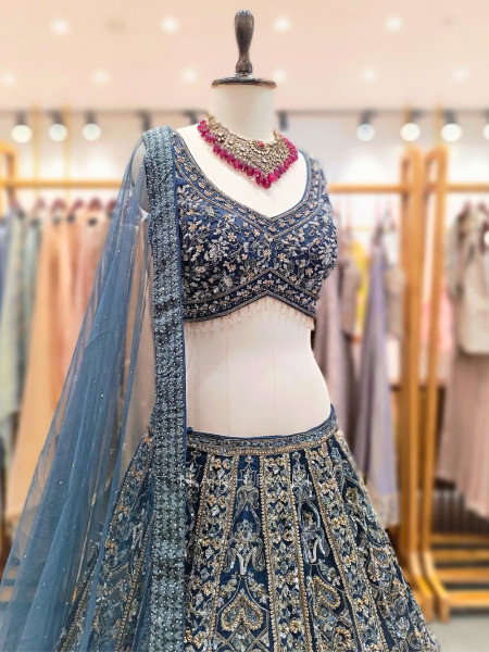 Blue Silk Bridal Lehenga with Sequin, Cutdana work and Zari embroidery
