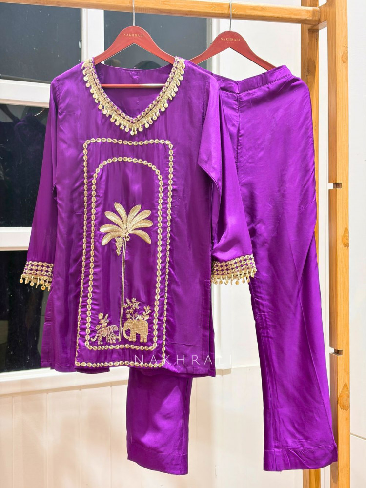Image of Rivka purple Silk Kurta Pant Set with Embroidery Tassel Work