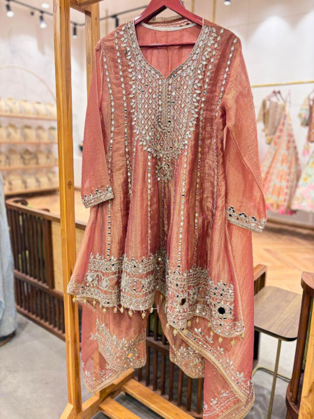 Mehreen Peach Mirrorwork Kurta Pant Set