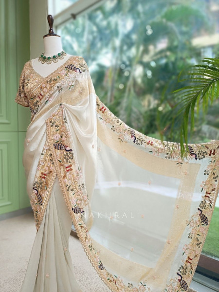 Meadowlark Cream Saree with Readymade Blouse and Beads Thread Embroidery