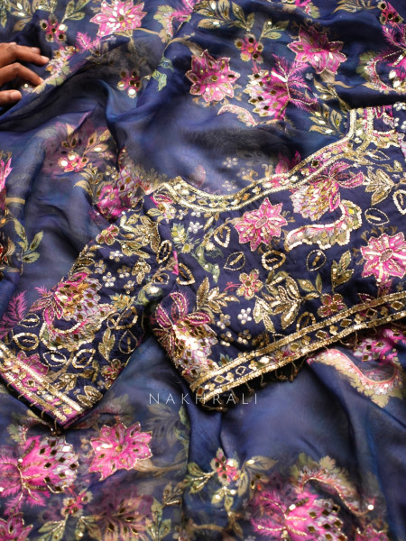 Madhulekha Navy Blue Organza/Georgette Tissue Saree with Readymade Blouse