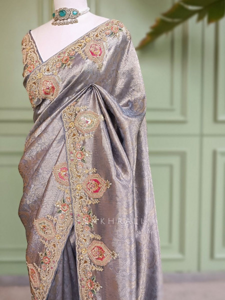 Royal Princess Grey Banarasi Silk Saree with Zardozi Detailing