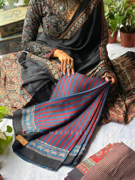 Kashti Blue  Modal Saree with Ajrak Border