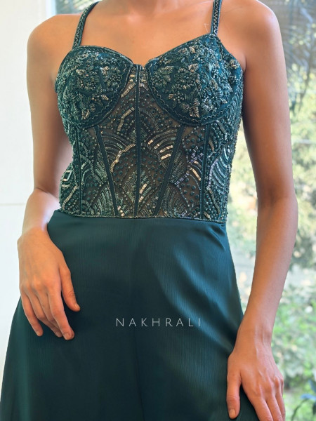 Aaral Teal Green Corset Jumpsuit with Sequin Embroidery