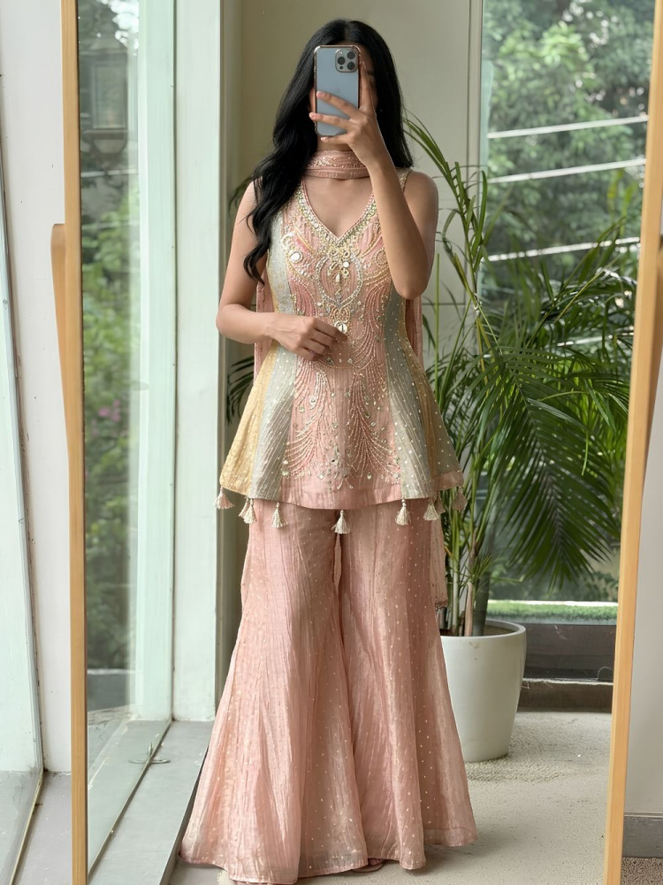 Image of Gulnaar Pink Chanderi Silk Indo-Western Sharara Set