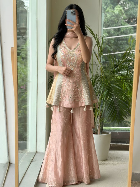 Gulnaar Pink Chanderi Silk Indo-Western Sharara Set