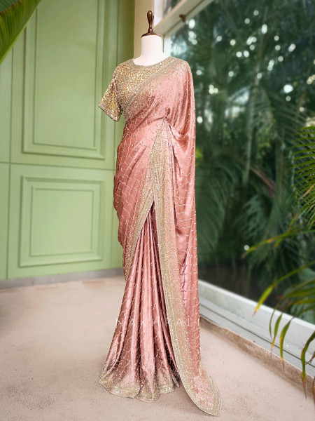 Myra Peach Saree with Embroidered Readymade Blouse