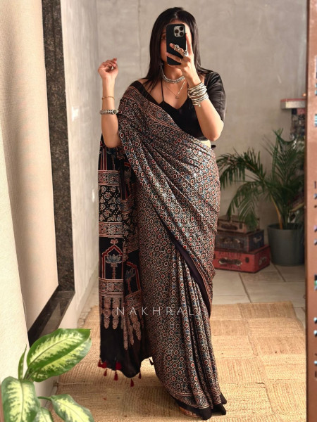 Mehr Black Modal Silk Saree with Ajrakh Inspired Print
