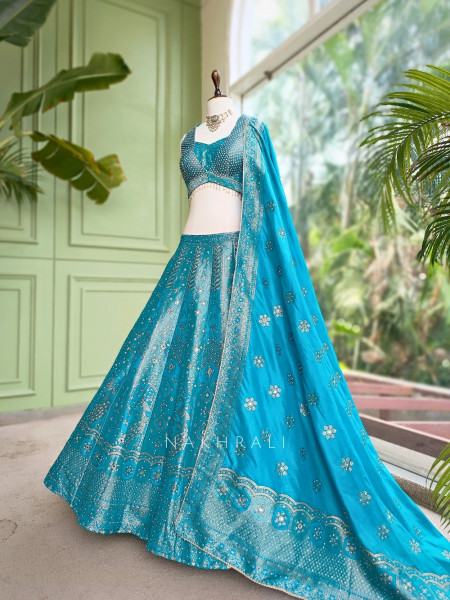 Mrigesha Rama Banarasi Silk Lehenga Set With Mirror Cutdana Work
