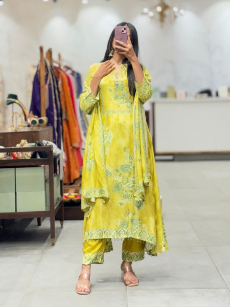 Sunhera Yellow Muslin Suit Set with Floral Print