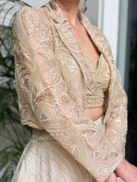 Hemisha Cream Crinkled Metallic Tissue-Satin & Tulle Jacket Lehenga Set