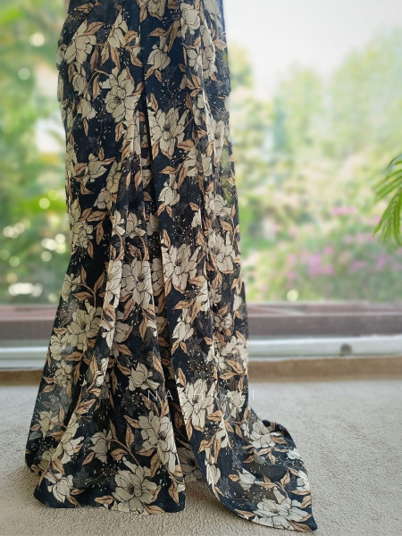 Carvella Black Pure Georgette Semi-Organza Floral Saree with Embroidered Bustier Blouse
