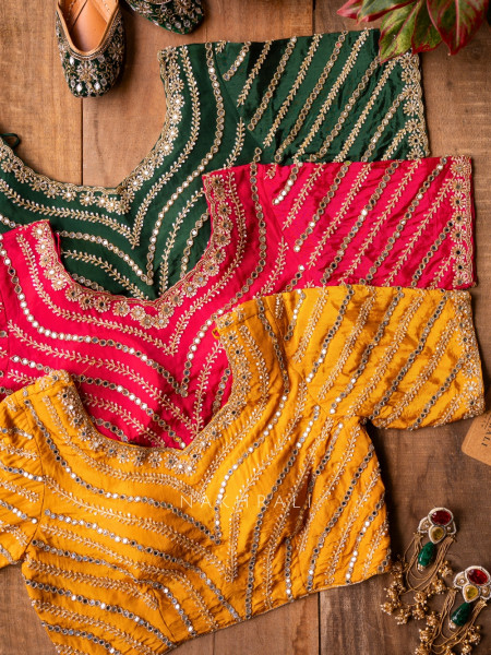 Pravahini Red Bandhani Saree with Sequin, Cut Dana & Mirror Work Readymade Blouse