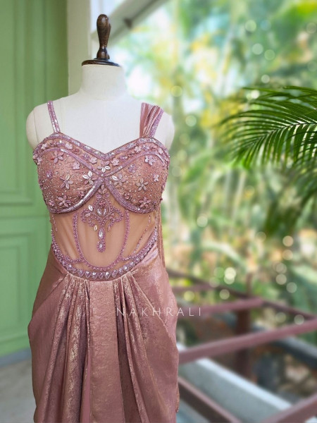 Seriva Peach Long Drape Gown with Bead and Sequin Work