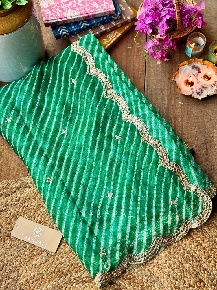 Image of Chhavi Green Leheriya Saree with Sequin Zari Work
