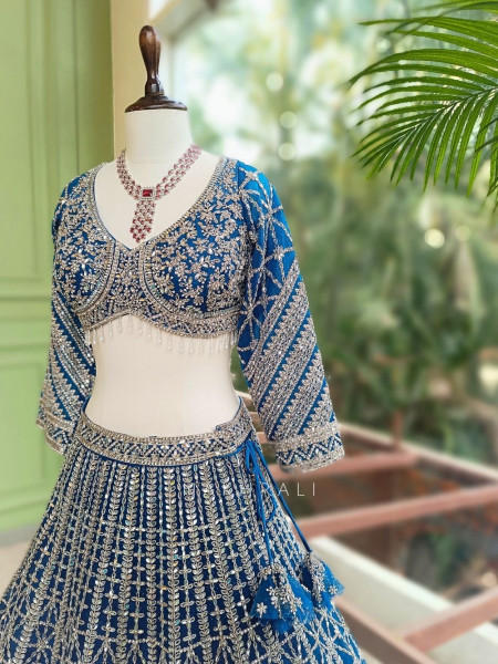 Kaira Blue Mirror Work Silk Lehenga