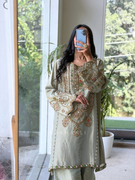 Firdaus Jewel-Neck Sea Green Suit Set