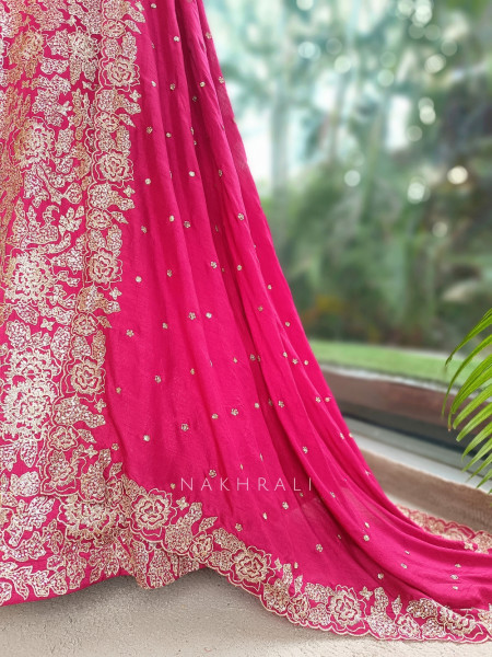 Pushkara Magenta Raw Silk  Bridal Lehenga