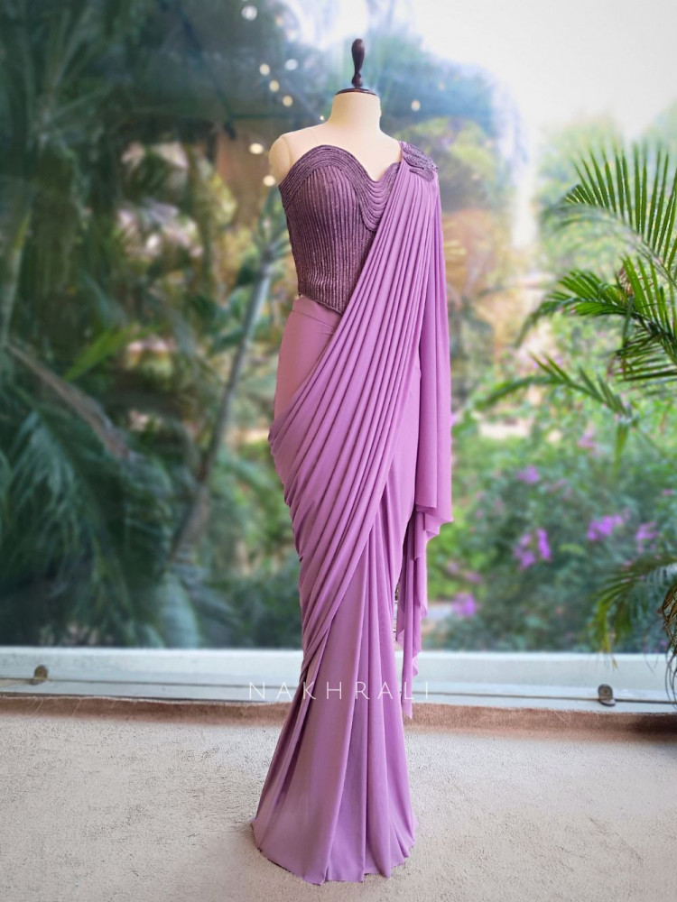 Image of Aster Lilac Embellished Corset Drape Saree