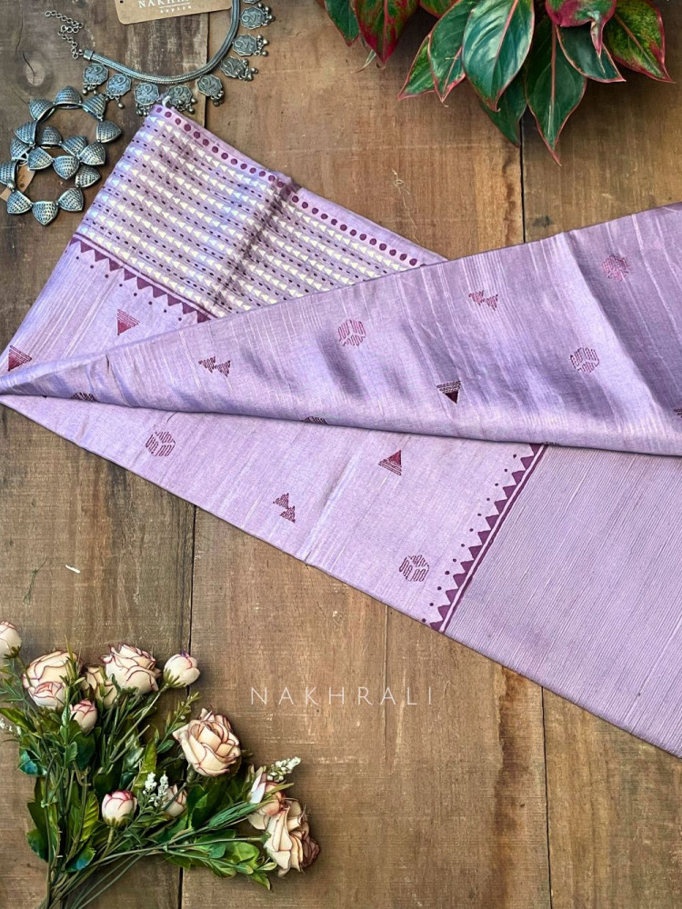 Image of Vadi Purple Raw Silk Saree with Embroidery &amp; Block Print