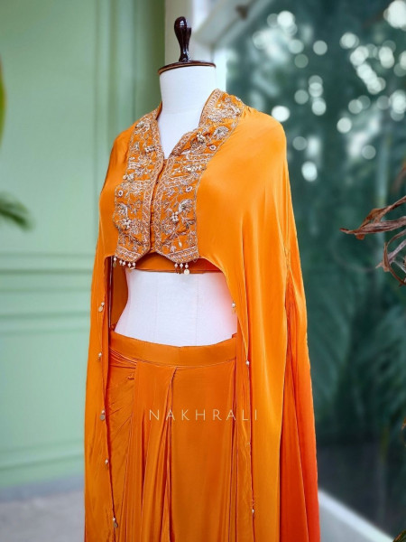 Radiant Orange Crop Top Skirt Set with Cape