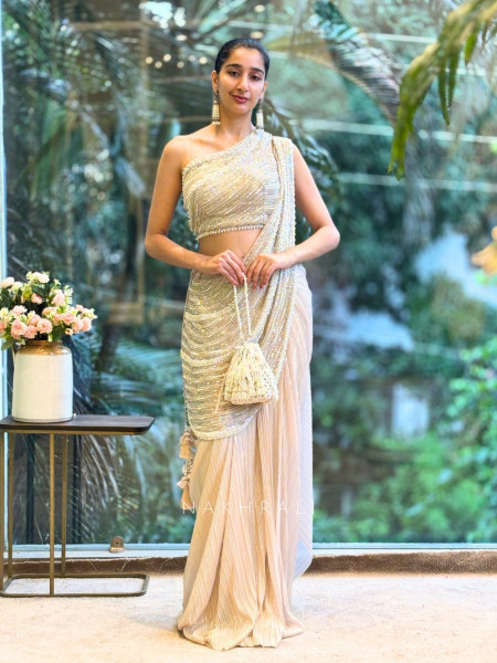Stardust Peach Drape Saree with Cutdana and Pearl Work