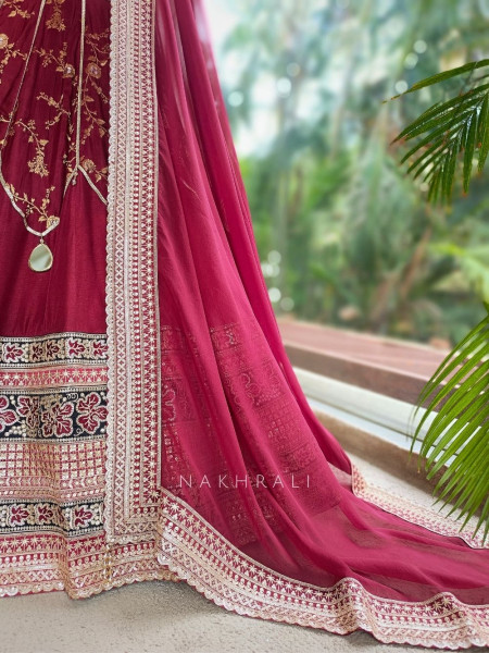 Orvian Maroon Lehenga Set with Floral Weave Sequin Border Work