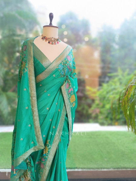Gul-e-Rangat Rama Green Viscose Georgette Saree With Kashmiri Aari Floral Embroidery