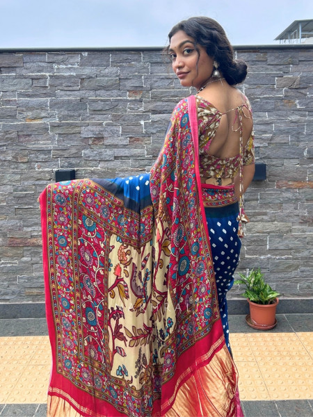 Bindu-Kalam Indigo Blue Gaji Silk Bandhani Saree