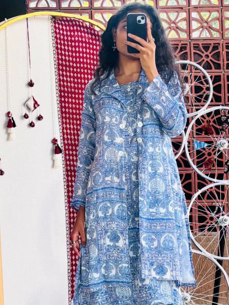 Aarini Blue Cotton Jacket Pant Kurta Set with Handblock Print