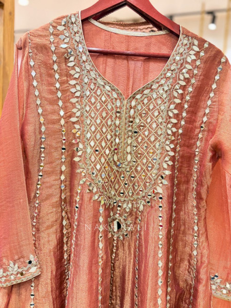 Mehreen Peach Mirrorwork Kurta Pant Set