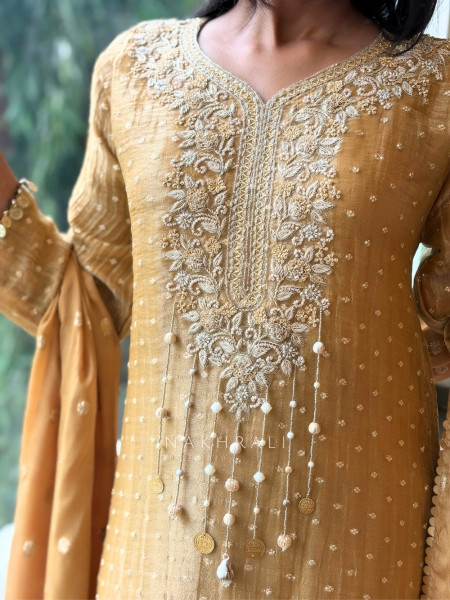 Zariyah  Tissue Silk Straight Suit Set With Pearl Latkan Work