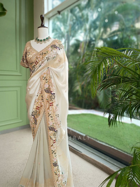 Meadowlark Cream Saree with Readymade Blouse and Beads Thread Embroidery