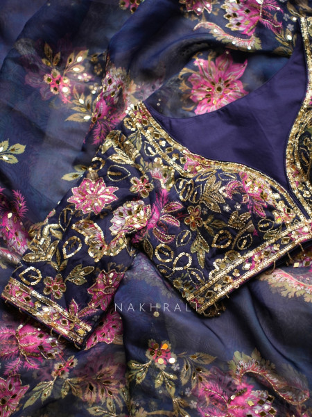 Madhulekha Navy Blue Organza/Georgette Tissue Saree with Readymade Blouse