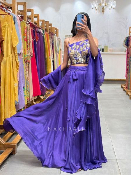 Noirya Purple Indo Western Drape Skirt Set with Sequin Work